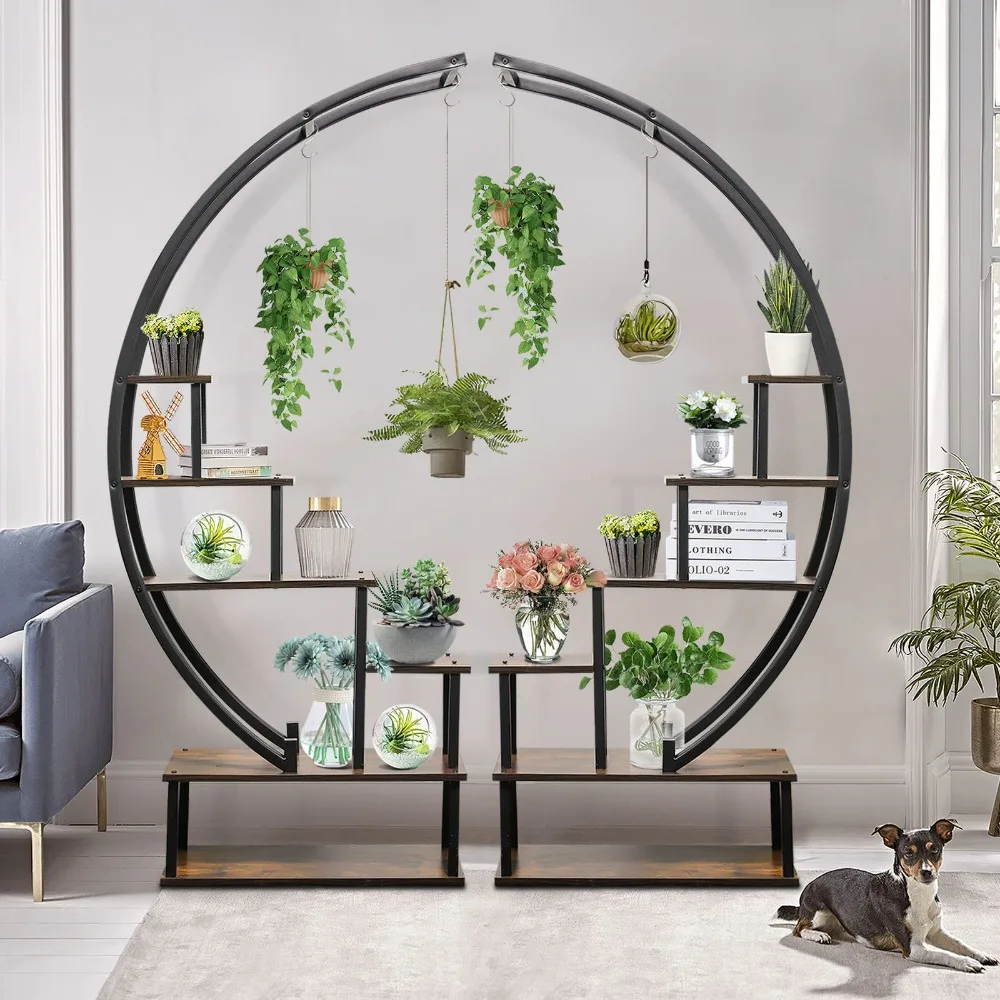 6 Tier Tall Metal Indoor Plant Stand, Half-Moon-Shaped Plant Shelf, Plants Decor Plant Stands for Home Decoration (round-oak)