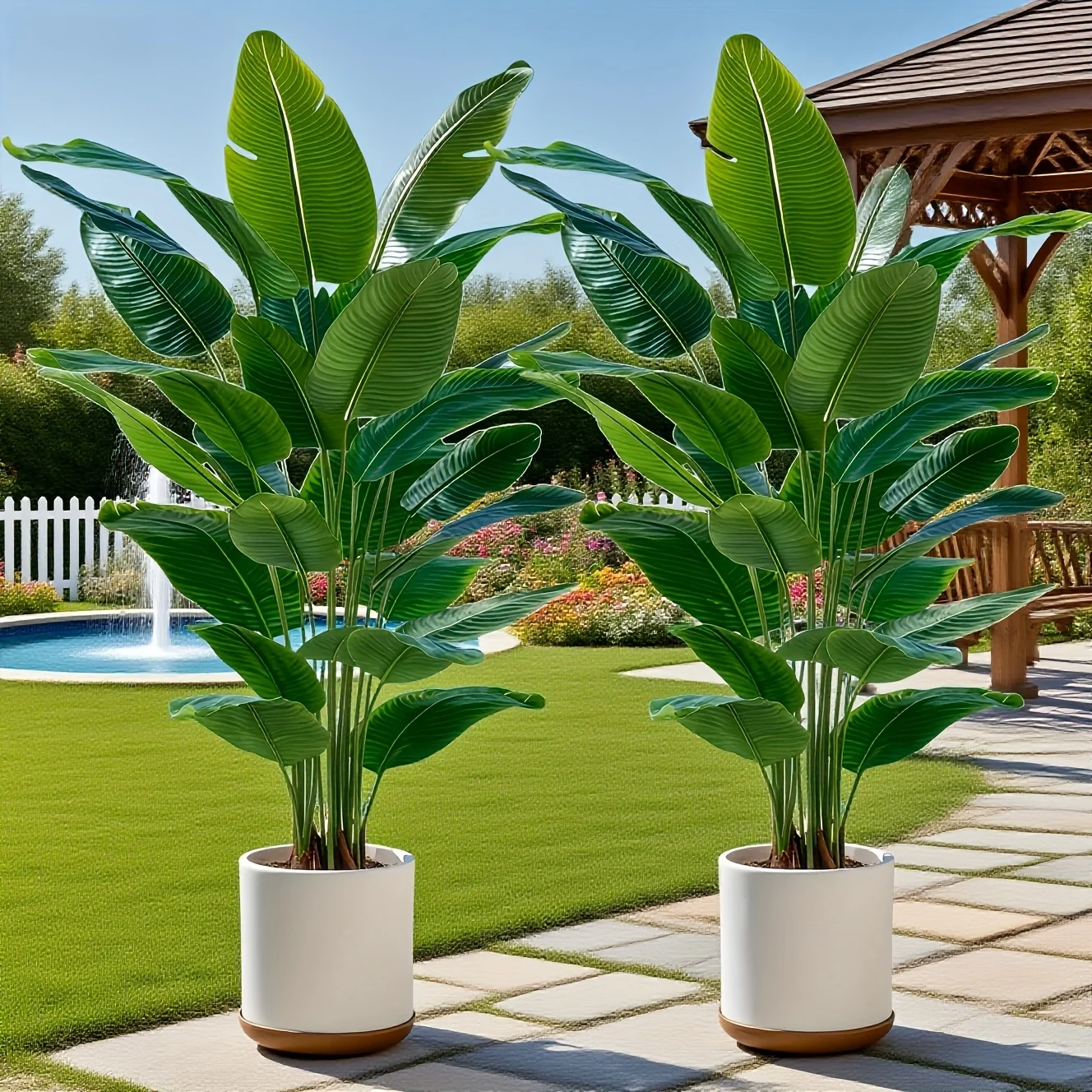 Árboles de plátano artificiales con 48 hojas tropicales realistas para jardines, bodas, casas, oficinas sin macetas, 2 uds.