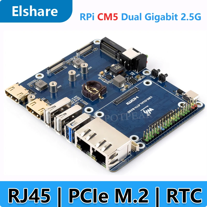 

Raspberry Pi Compute Module 5 Gigabit/2.5G Dual Ethernet Expansion Board with RJ45 GPIO IO Base