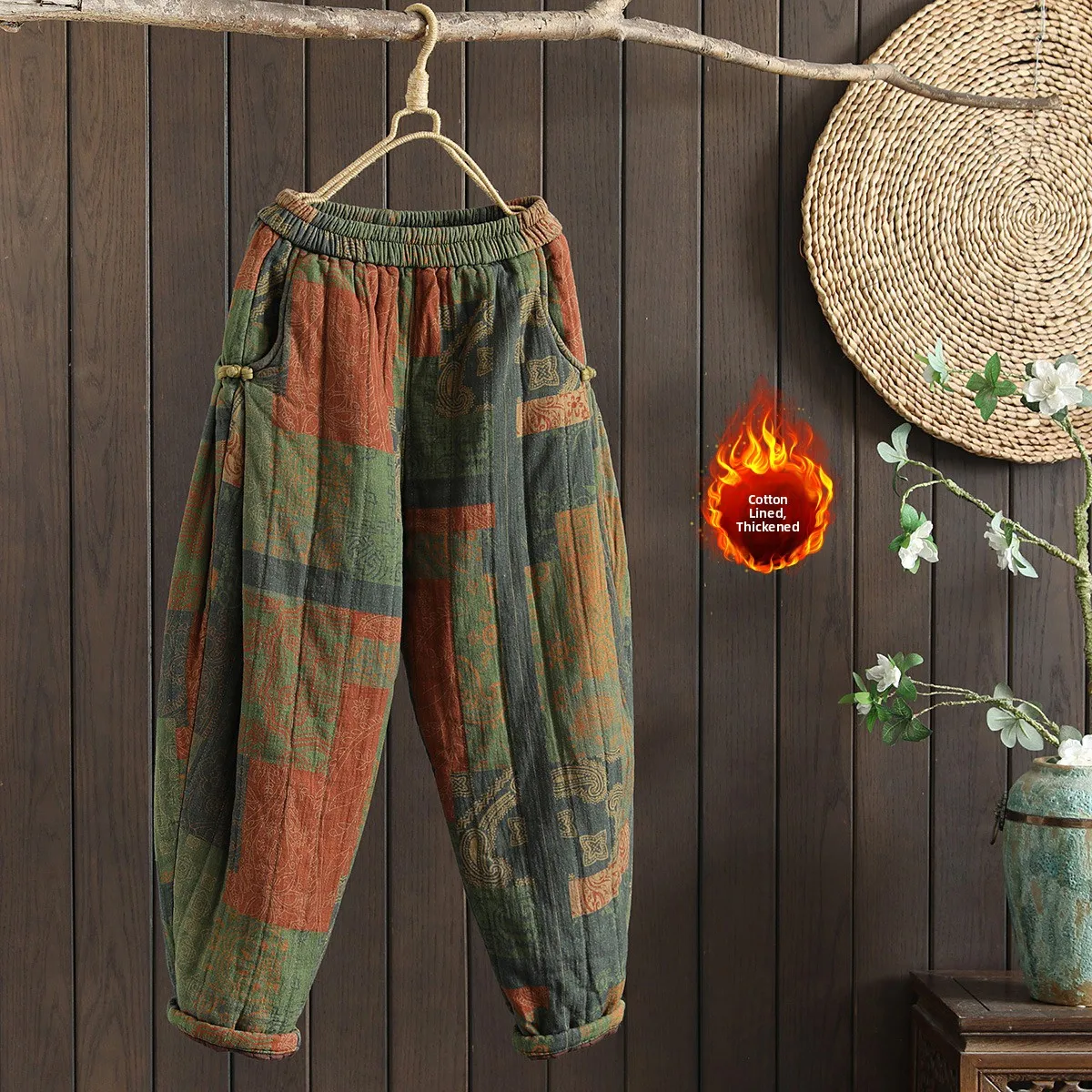 Retro National Style Printed Cotton Pants Large Size Women's Winter Warm High Waist Harlan Pants Button Decoration Outerwear
