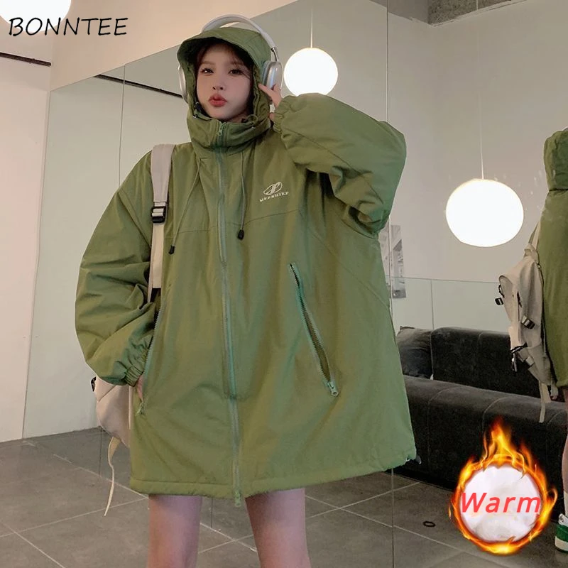 

Chic Solid Thickening Hooded Parkas Women Fashion Simple Loose Leisure All-match Warm Winter Coats Girls Students Young Ins New