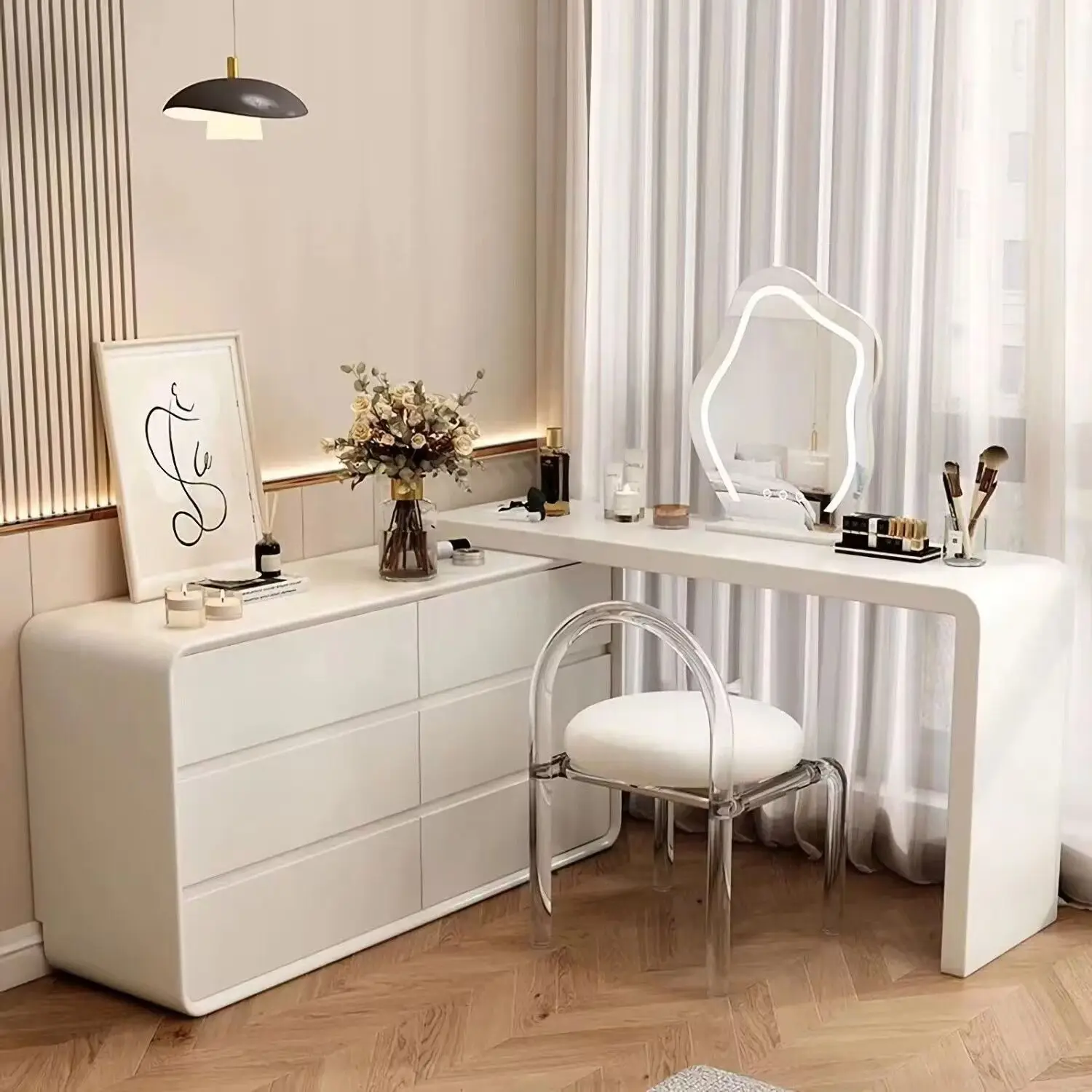 طاولة مكياج متكاملة قابلة للسحب بالرياح الكريمية وطلاء بسيط على الإنترنت وغرفة نوم المشاهير متعددة الوظائف
