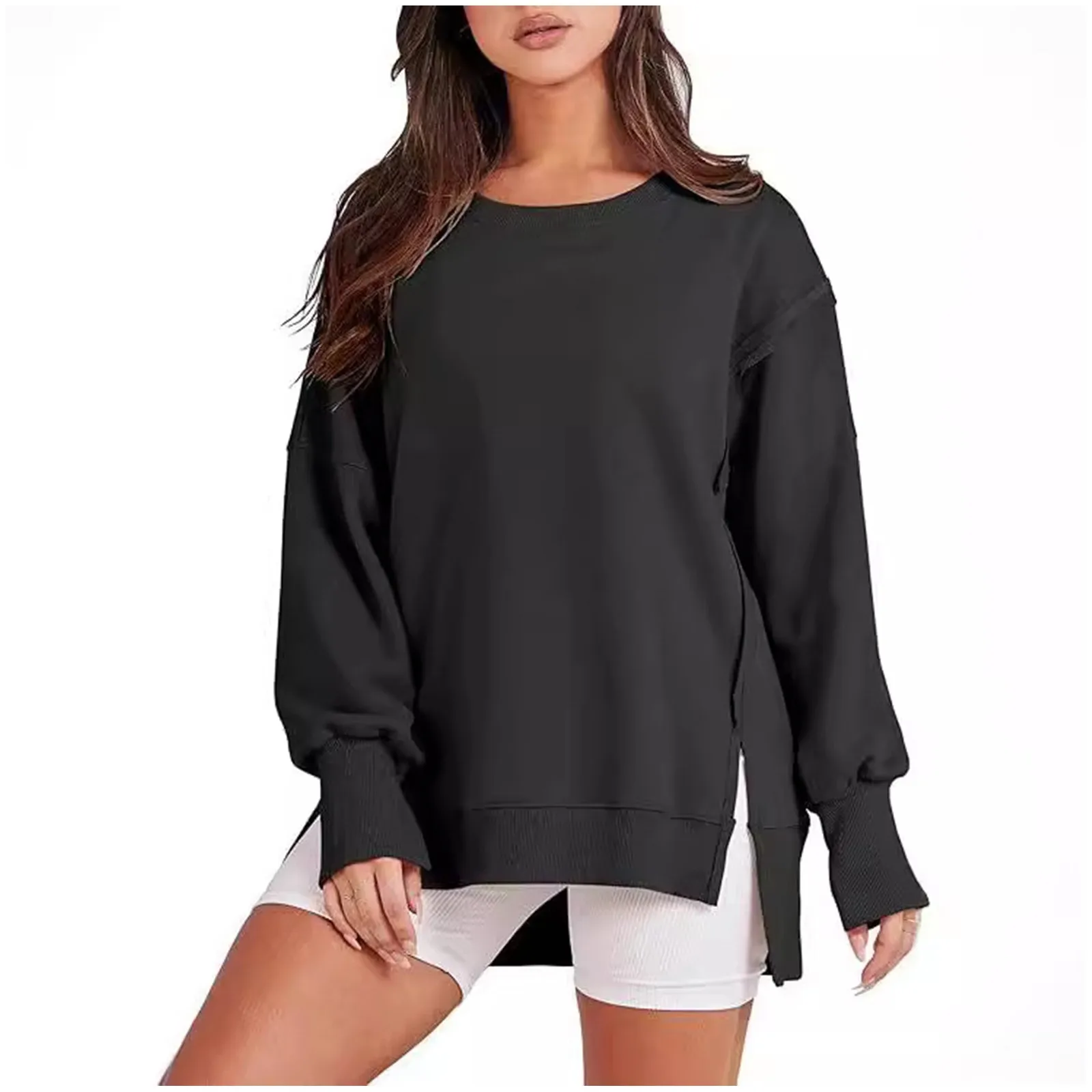 2024 New Round Neck Long Sleeve Pullover Top Edge Slit Stitching Solid Color Sweatshirt Women Hot Loose Fit Casual Hoodie