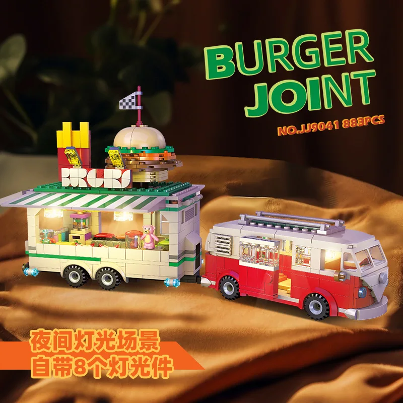 IN STOCK MOC Idea City Retro Mobile Burger Truck Building Blocks Model Car Bricks Assembling Toys for Children Birthday Gift Set