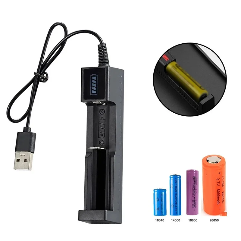 Universelles 1-Slot-USB-Batterieladegerät, LED-Smart-Ladeadapter für wiederaufladbare Batterien Li-Ion 18650 26650 14500 18500 16650