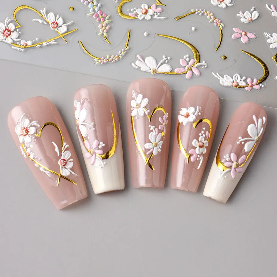 5D Embossed Kawaii Floral Gold Line Sliders Spring White Flowers Nail Stickers DIY Simple Petals Wedding Nails Decals Accesories
