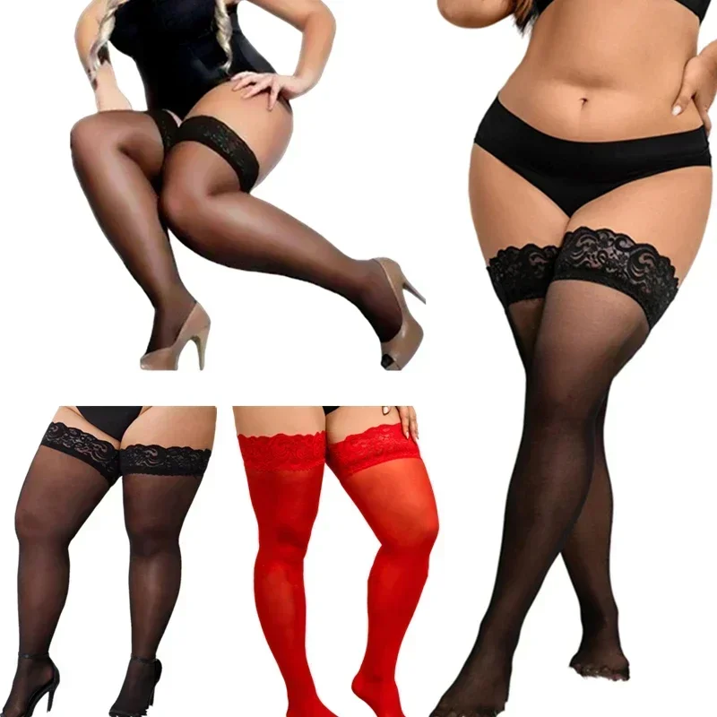 Kobiety Plus Size Fat Sexy Thigh High Stockings Lace Top Silicon Strap Anti-skid Thigh Lace Sheer Socks Female Nightclub Dailywear