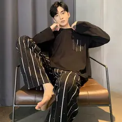 Men‘s Pajama Set Long Sleeve Black Striped Spring and Summer Youth Student Nightwear Loungewear Two Piece Set Sleepwear Homewear