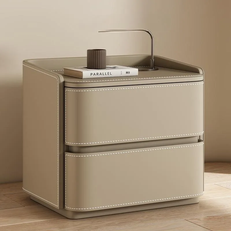 Italian Minimalist Full Leather Wrapped Nightstand Two Drawer Storage Bedside Cabinet Standing Small Bedroom Storage Furniture