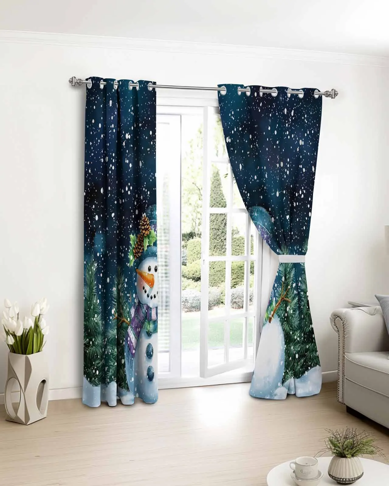 

2 шт., 1 панель, ретро зимний снеговик, сосна, полиэстер, оконные шторы для гостиной, кухни, спальни, шторы