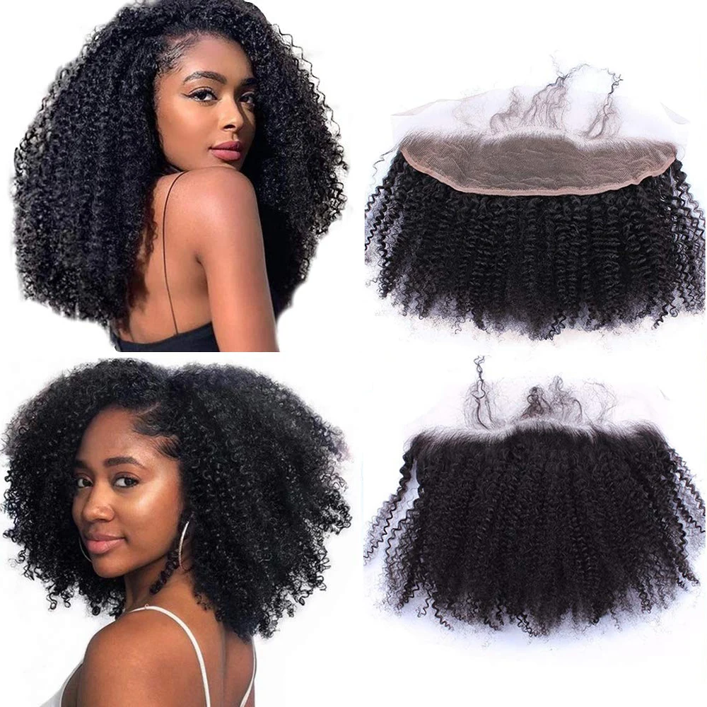 Afro Kinky Curly 13×4 Lace Front Closure Human Hair Transparent Lace Handtied Pre Plucked Soft Lace Brazilian Hair Natrual Color