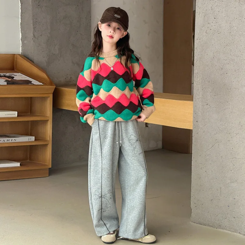 Girls' Pullover Sweater Autumn New Warm Sweater Colorful Wave Pattern Knitted Korean Edition Warm Knitwear Tops Child's Clothing