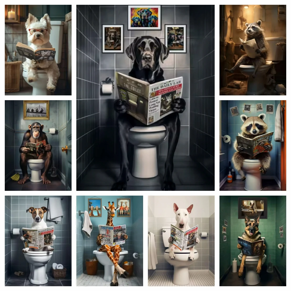 Tiere Diamant Malerei Lustiger Hund Affe auf Toilette DIY Diamant Stickerei Kit Volle Runde Wand Kunst Badezimmer Dekor