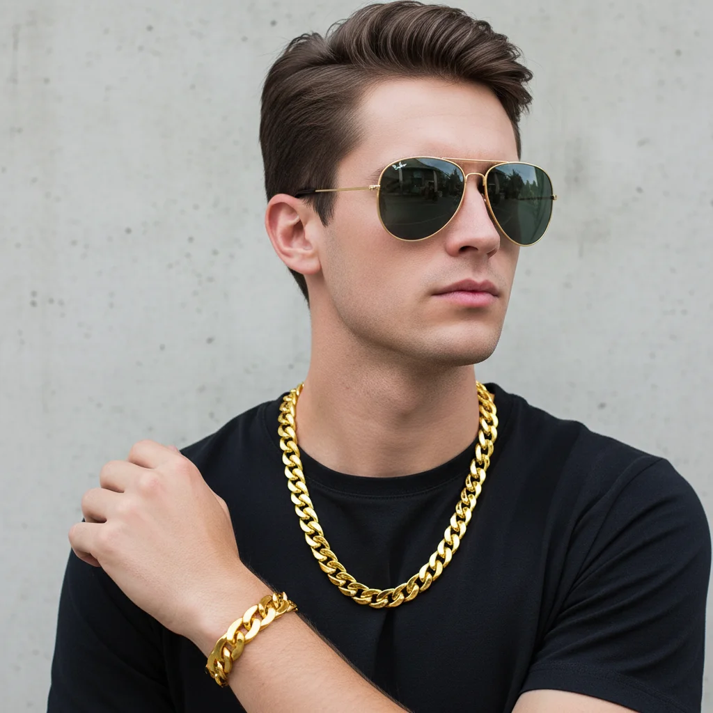 3Pcs/Set Hip Hop Costume Jewelry Plastic Gold Chain Necklace & Bracelet + Aviator Sunglasses 80s 90s Rapper Style Party Cosplay