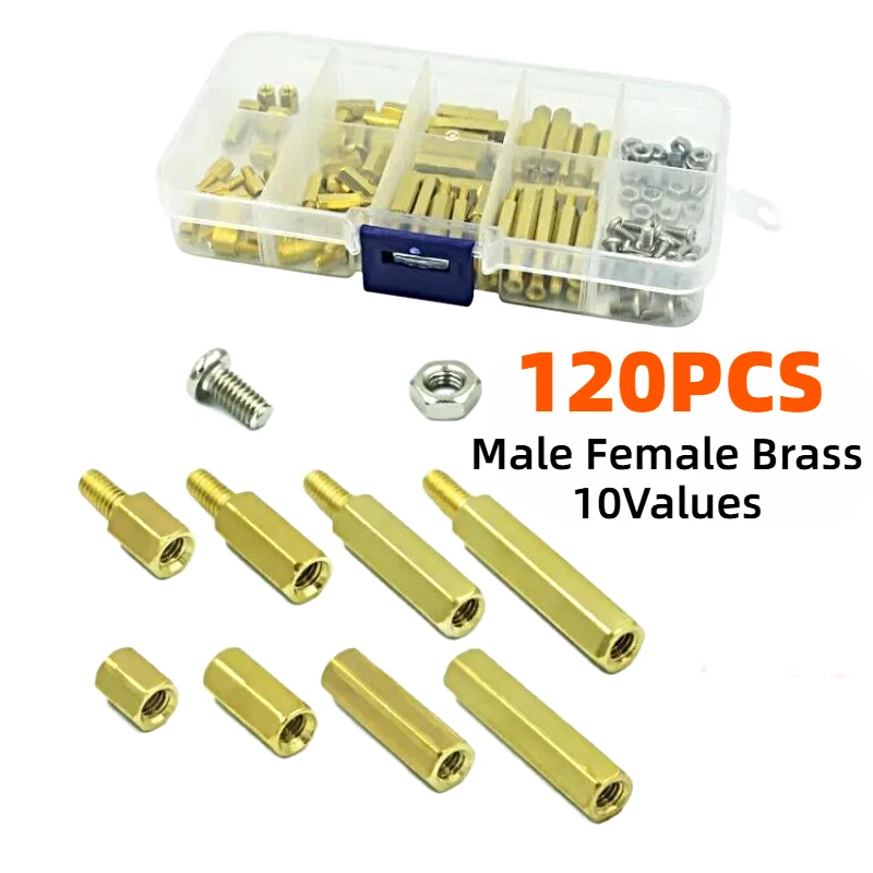 120PCS M3 Stainless Steel Screws Nuts Assortment Kit with Box Set of 10 Values Male Female Brass Hexagonal Column for PCB Board