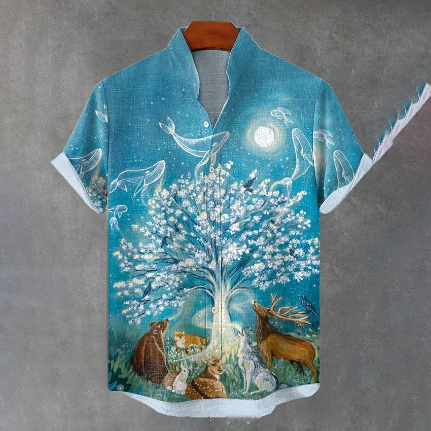 

Summer fashion new men's short-sleeved stand-up collar shirt fantasy tree print men's tops large size daily casual men's shirt