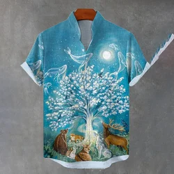 Summer fashion new men's short-sleeved stand-up collar shirt fantasy tree print men's tops large size daily casual men's shirt