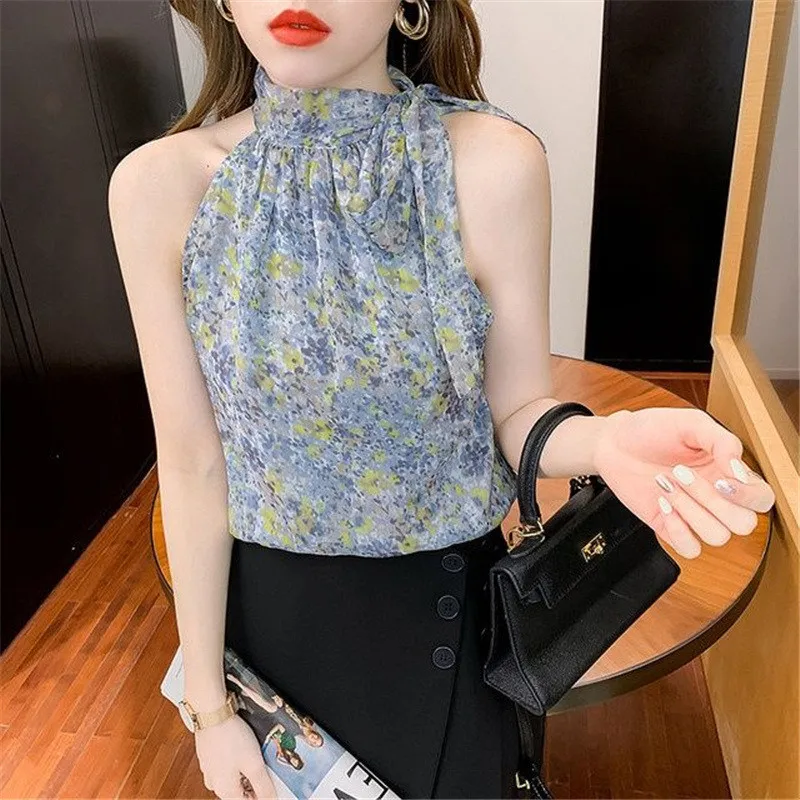 Floral Print Bow Lace Up Elegant Chic Sweet Sleeveless Shirts 2023 Summer Fashion Sexy Off Shoulder Slim Top Blouse Women Blusas