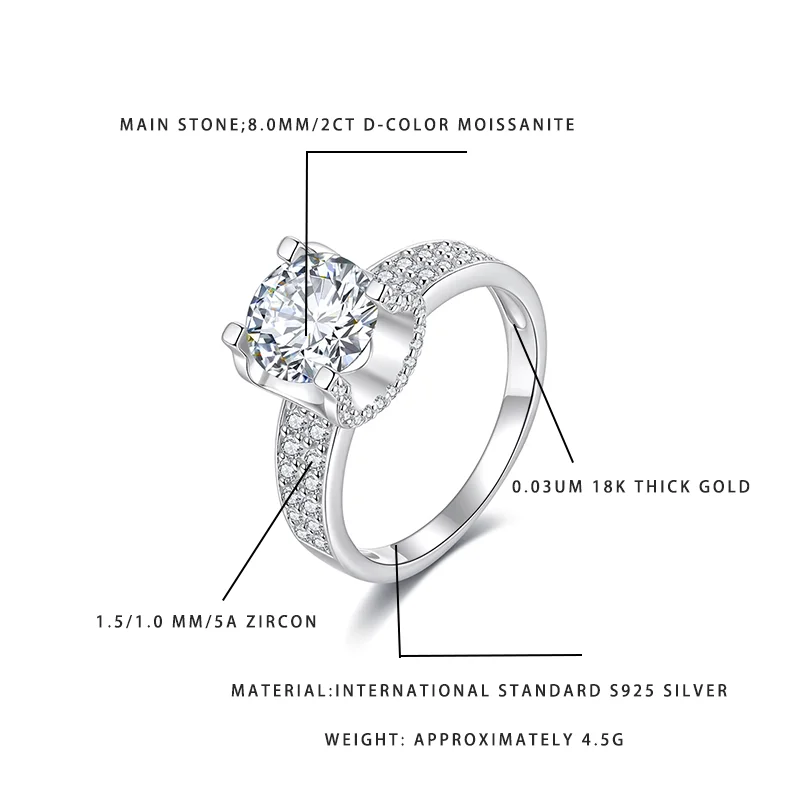 

2CT D Color Moissanite Engagement Ring | S925 Silver 18K Gold Plated with 5A Zircon Accents