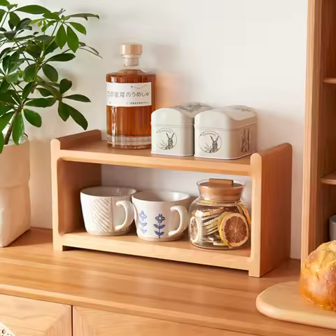 Desktop Solid Wood Shelving Double-deck Nordic Japanese Tabletop Storage Rack for Tea Coffee Cups Display Furniture Holders