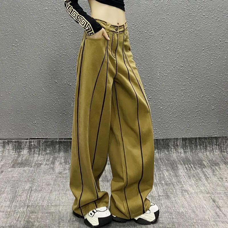 Side Color-blocking Design Casual Jeans For Women 2025 Spring New High-waisted Loose Denim Trousers Straight-leg Wide-leg Pants