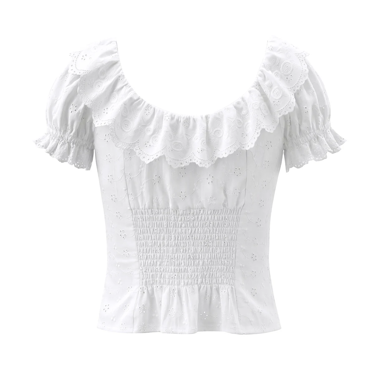 Sweet White Embroidery Hollow Out Lace Ruffles Lapel Short Sleeve Shirt Women Elastic Back Open Buttons Crop Tops