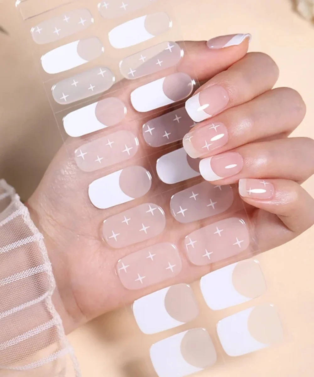 16/20Tips Semi-Cured Nail Wraps Simple Color Adhesive Waterproof Long Lasting Gel Nails Stickers set for UV Lamp Need Manicure