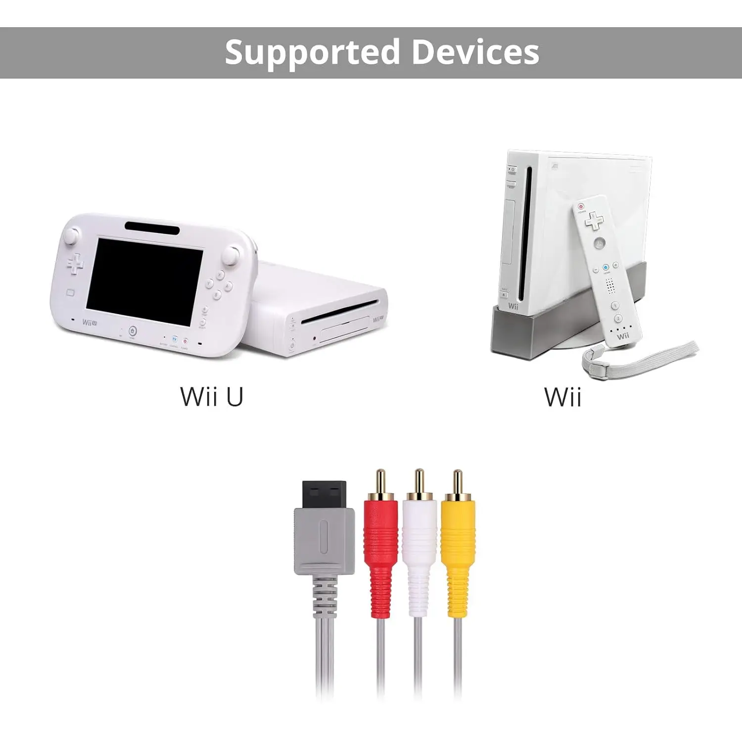 كابل Wii/Wii U AV بطول 6 أقدام، سلك قياسي AV مركب 1.8 متر Retro 3 RCA مطلي بالذهب للصوت والفيديو AV لجهاز Nintendo Wii Wii U