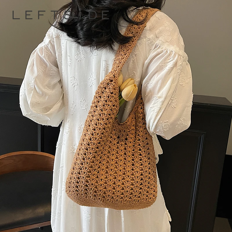 

Левая сторона, мягкие вязаные сумки-ведра для женщин, корейская мода 2024, летние сумки на плечо, сумки и кошельки, плетеная пляжная сумка