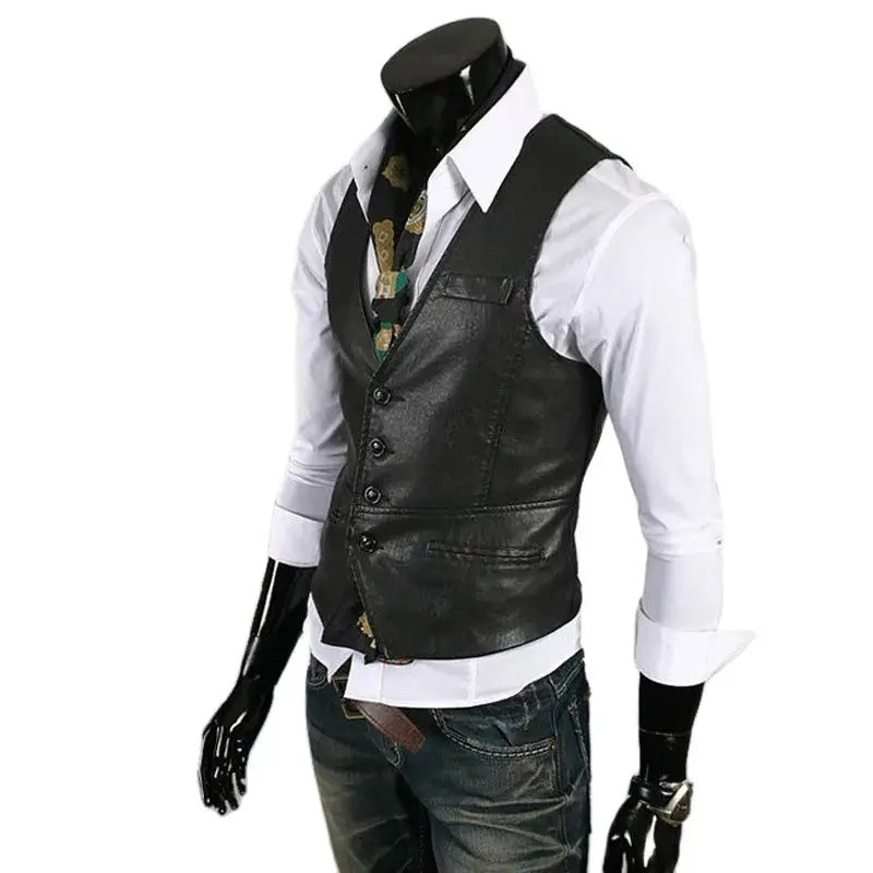 New Men's Leather Vest Coat Korea Fashion Street Dress Slim Luxury Designer Vest Sleeveless Top Brown Clothes