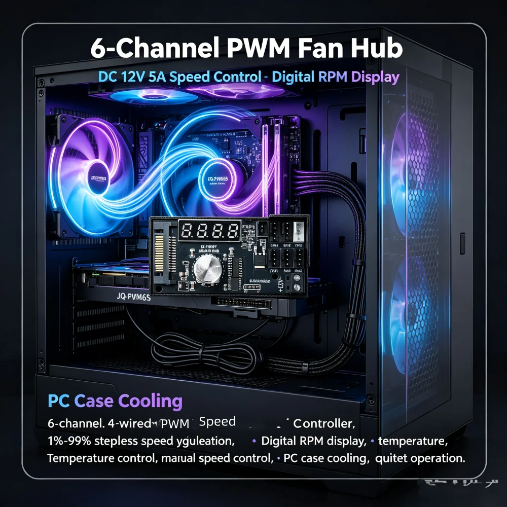 DC 12V 5A PWM Speed Controller Fan Speed governor 6Way 4 Wire Computer Temperature control for PC CPU Cooler Fan SATA Port