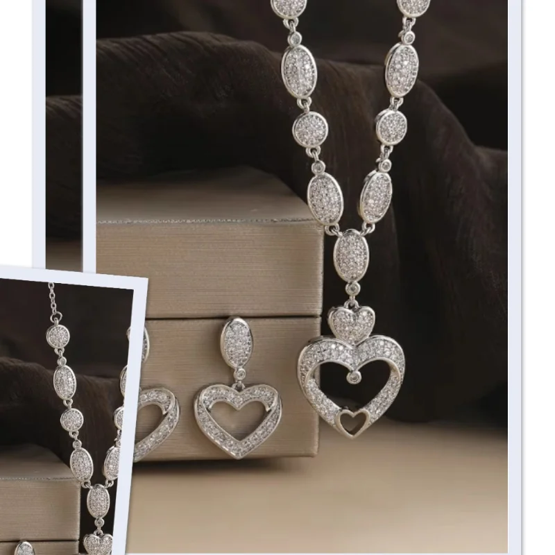 

Cube Zirconia Necklace Earring Set, Heart-Shaped Style, Niche Design, Retro Artistic Set