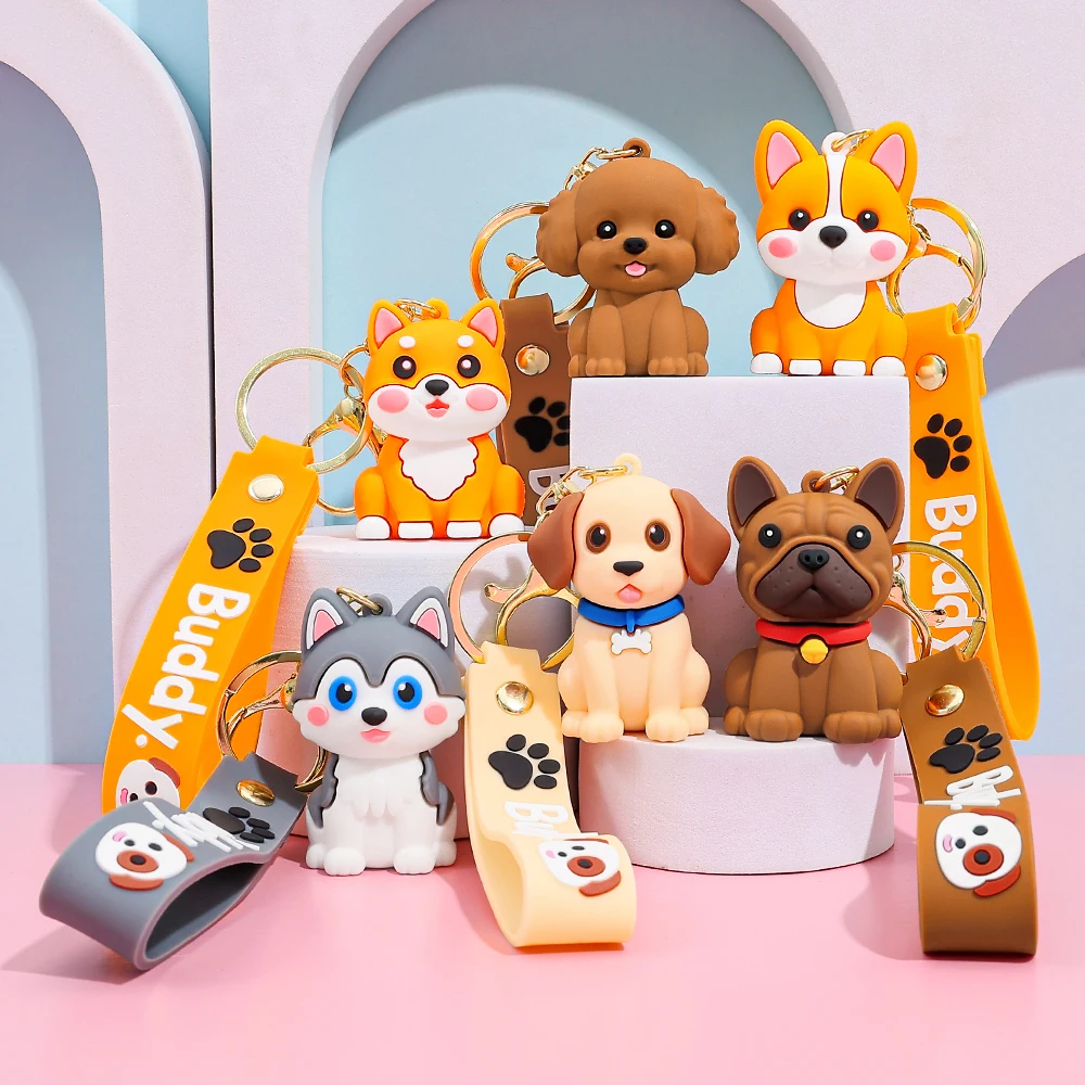 Lindo llavero de animal: Bulldog Francés Corgi Shiba Inu Poodle, juguete de PVC para mochila de bolsa de coche, premio de máquina de garra a granel, juego de regalo