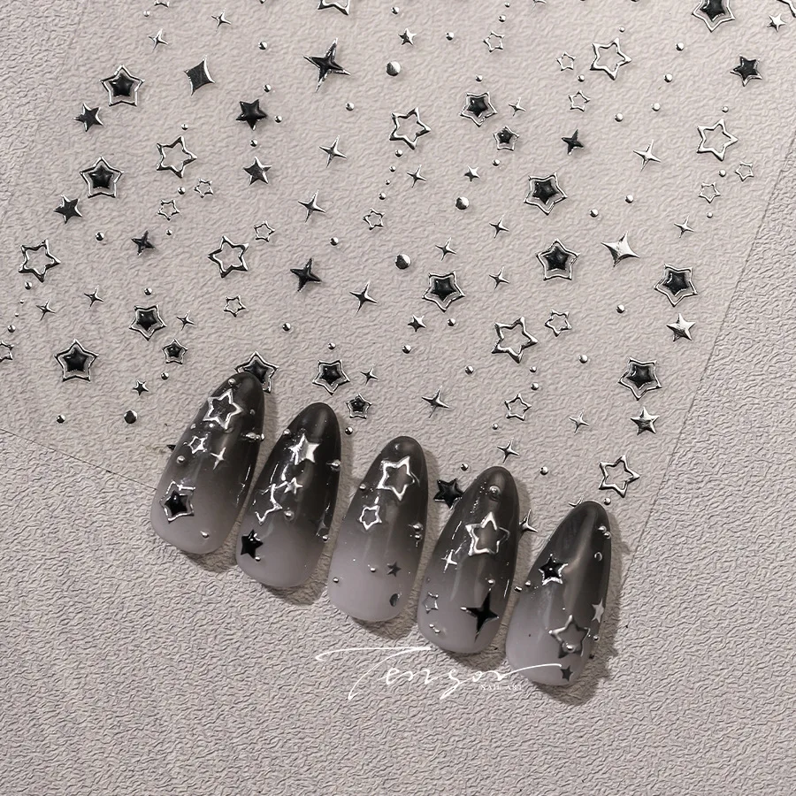1pcs 5D Luxury Star Nail Stickers Shiny Stars Black Silver Nail Decal Gilding Hollow Out Five-Pointed Nail Art Decoration Slider