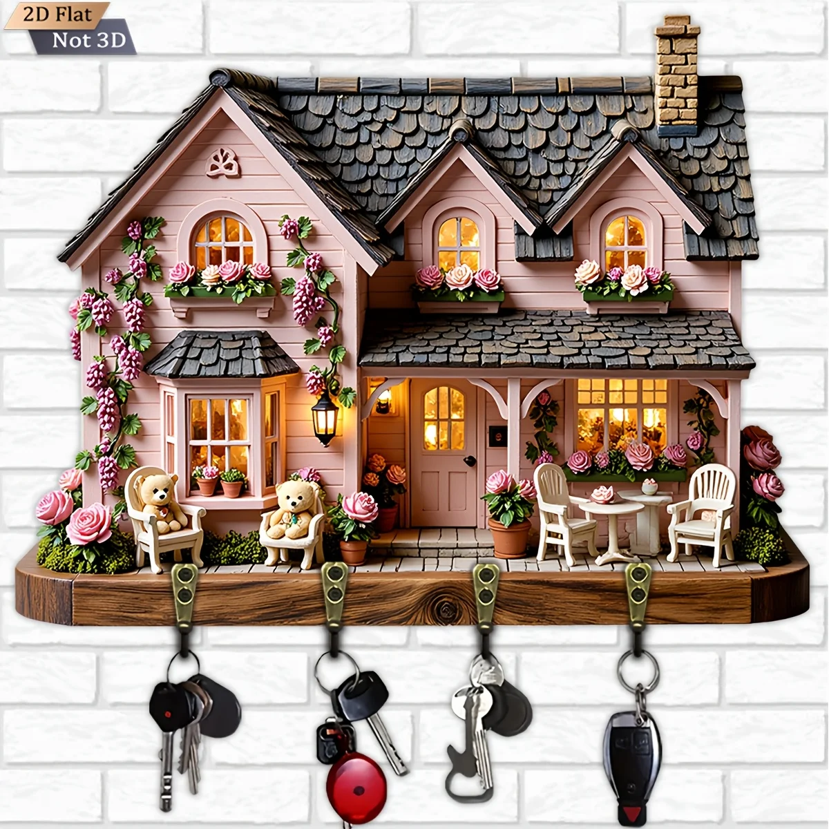 2D Flat, 1pc, Pink Cottage Style Key Hook Wooden Multi-functional Home Keys Holder with Four Metal hooks, Wall Decoration for