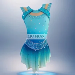 LIUHUO Ice Dance Figure Skating Dress Women Adult Girl Teens Customize Costume Performance Competition Leotard Blue Sleeveless