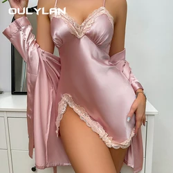 Sexy Home Nightgown Women Belt Contrast Lace V Neck Slip Dress Night Dress Satin Pajama Set Long Sleeve Robe Sleepwear