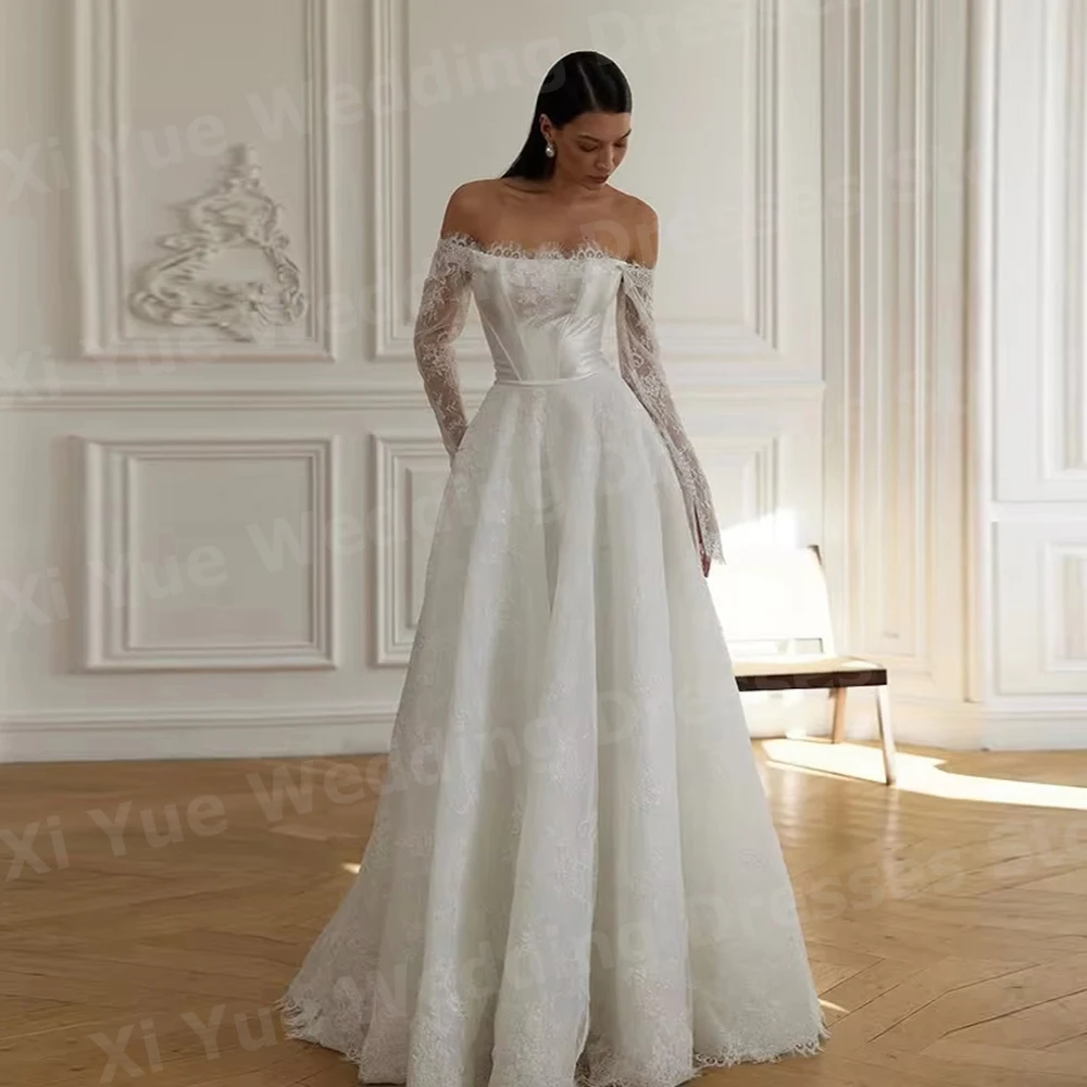 ชุดแต่งงานผู้หญิงทรงเอไลน์สุดหรู ผ้าลูกไม้เปิดไหล่ แขนยาว ชุดเจ้าสาวแบบสั่งตัดได้