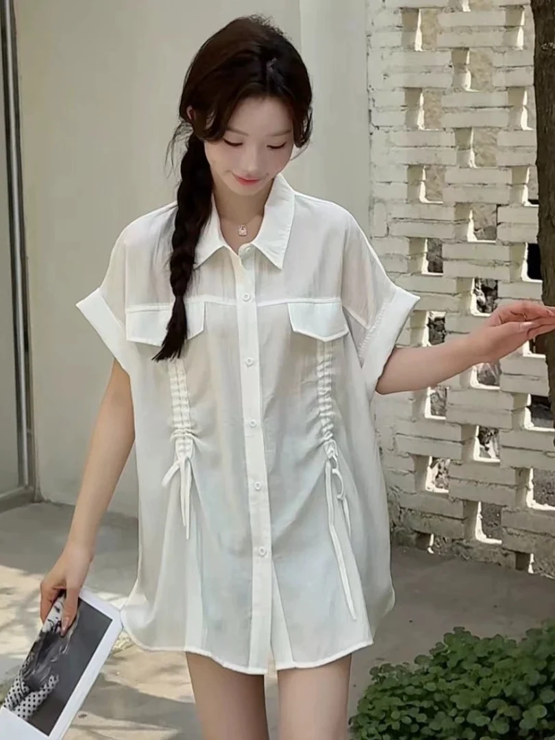 

plus Size Casual Shirt Women Summer Pure Color Thin Breathable Pleated Tie Waist Casual Shirt Loose Fit Short Sleeve Collar