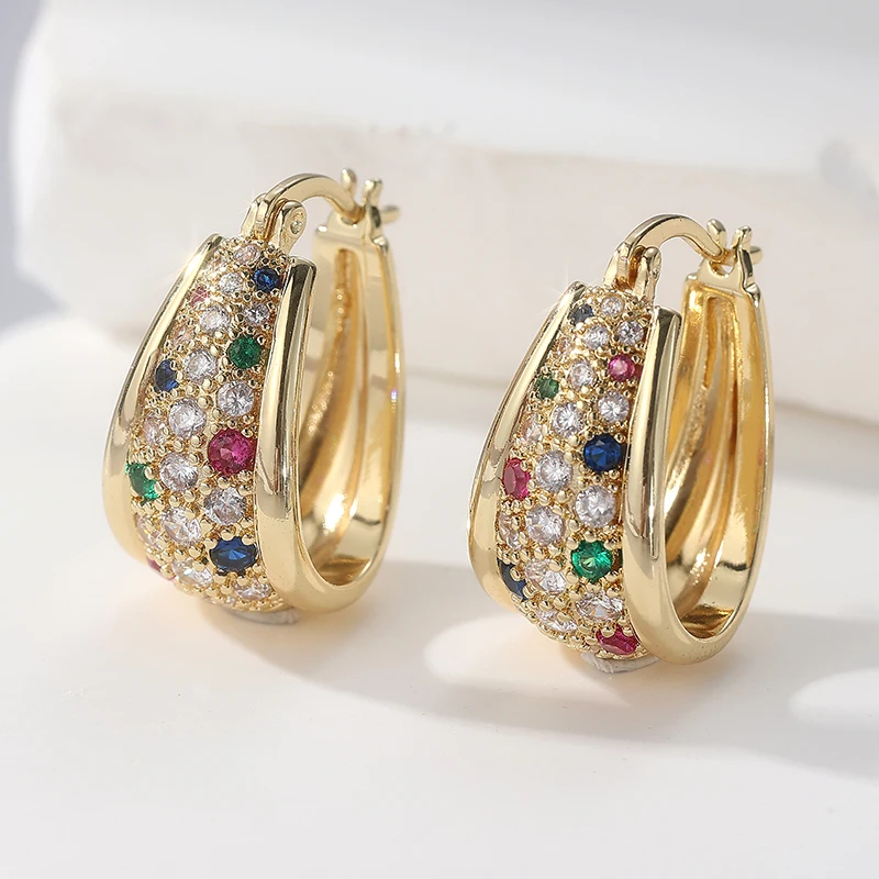 Delicate Shine Gold Color Inlaid Multicolour Cubic Zirconia Hoop Earrings for Women Fashion Engagement Wedding Earrings Jewelry