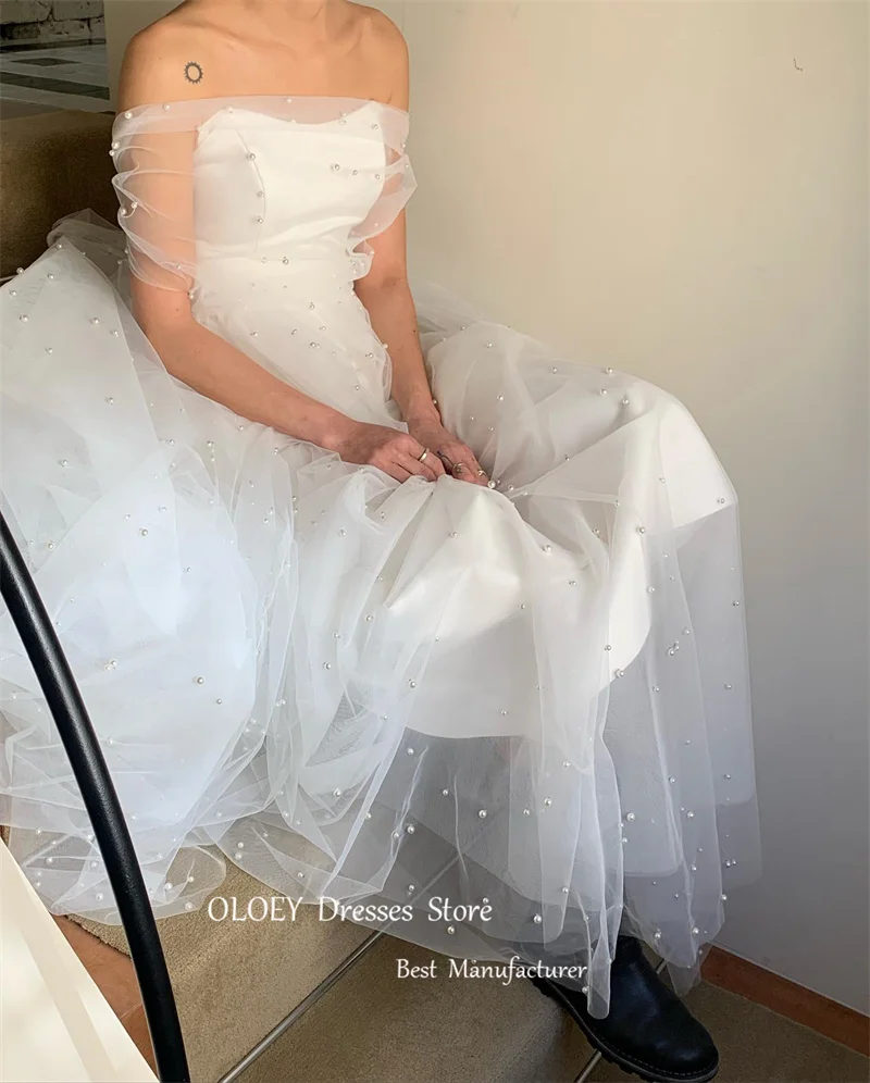 OLOEY A Line Tulle Korea Wedding Dresses With Bolero Pearls Strapless Floor Length Bridal Gowns Corset Back Korea Photoshoot