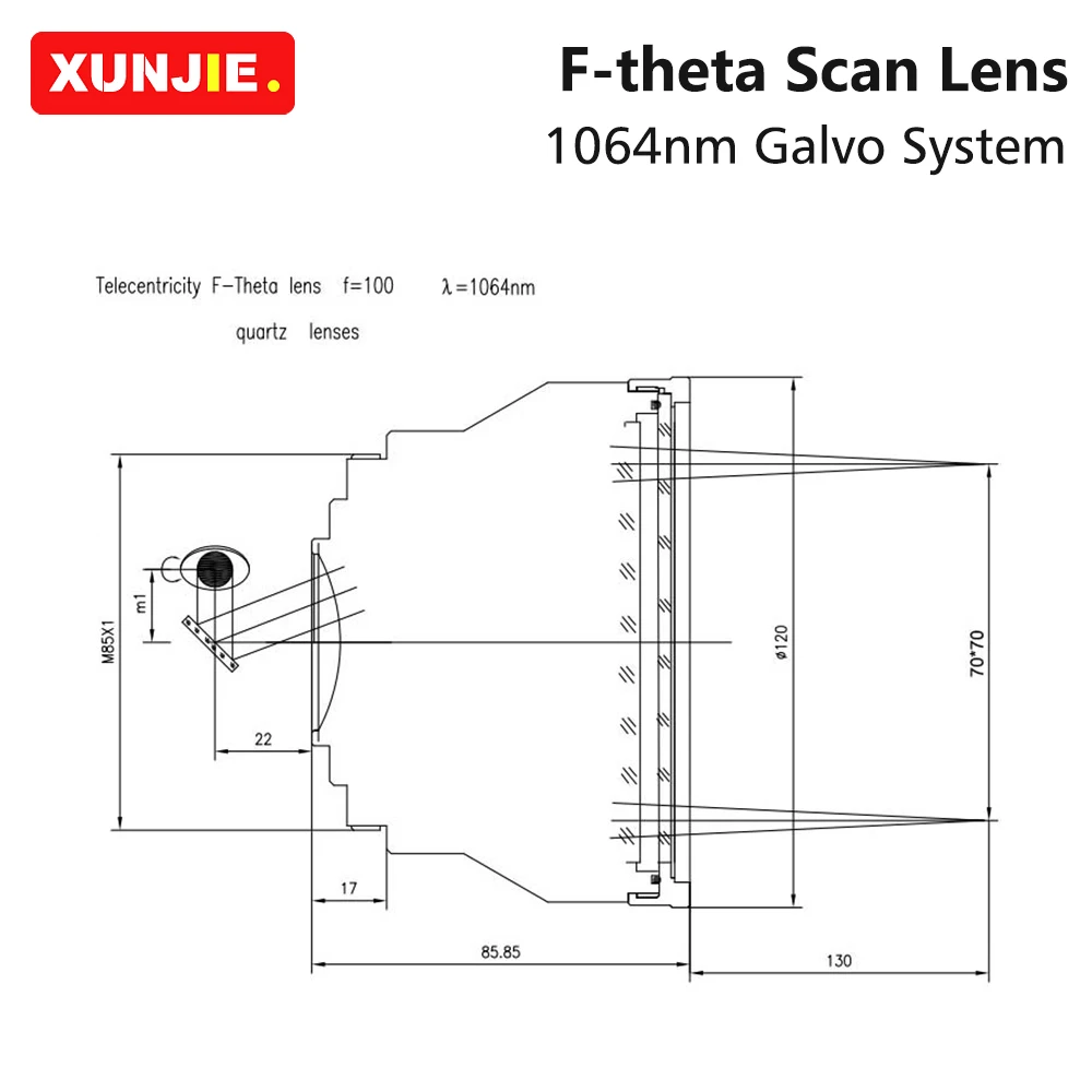 F-theta Lens 1064nm Focus Lens Laser Focal length 63-420mm Scan Field 50×50-400×400 for YAG Fiber Laser Galvo System