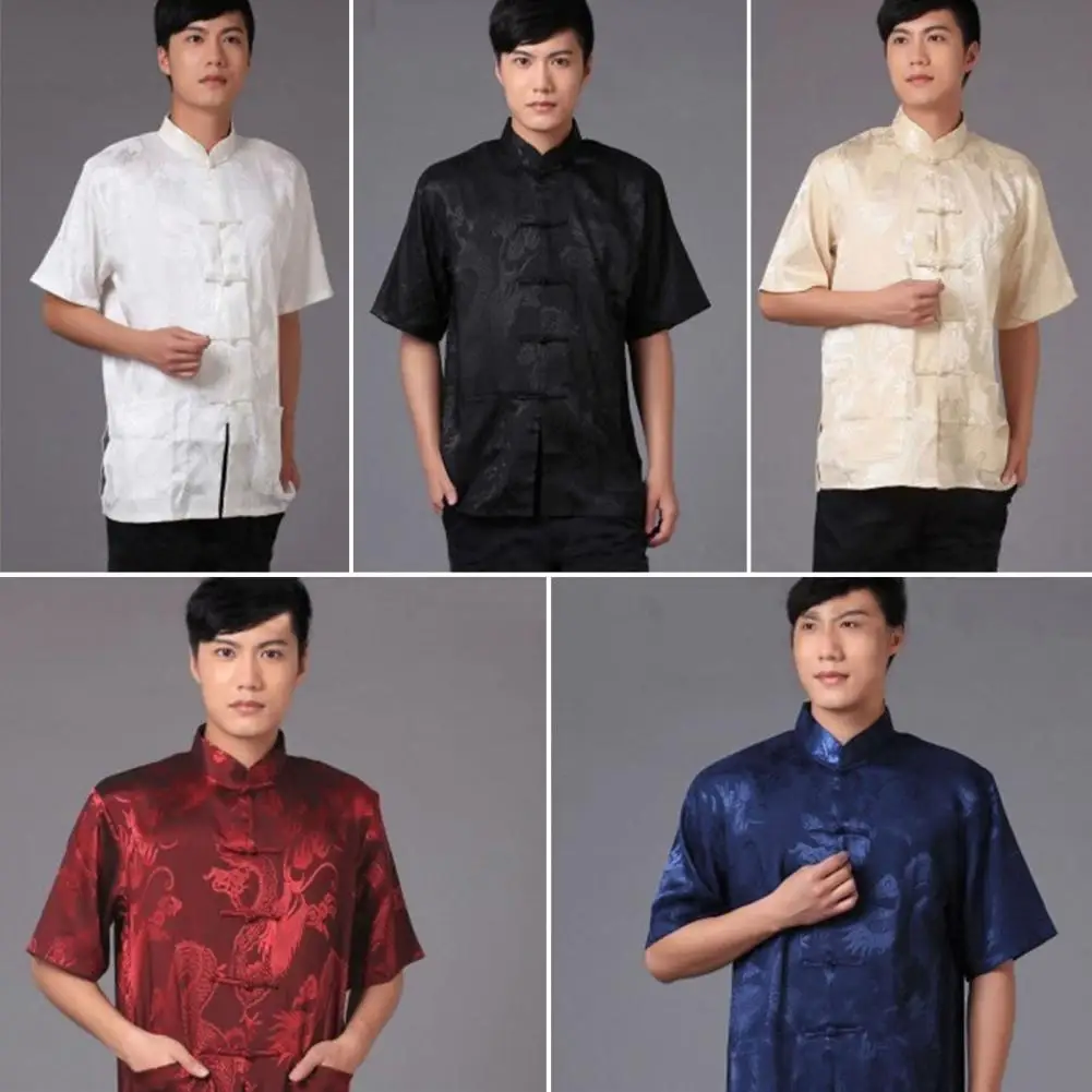 

Chinese Style Men Top Stand Collar Pockets Mid-aged Elderly Men Shirt Single-breasted Dragon Pattern Traditional Chinese Clothes