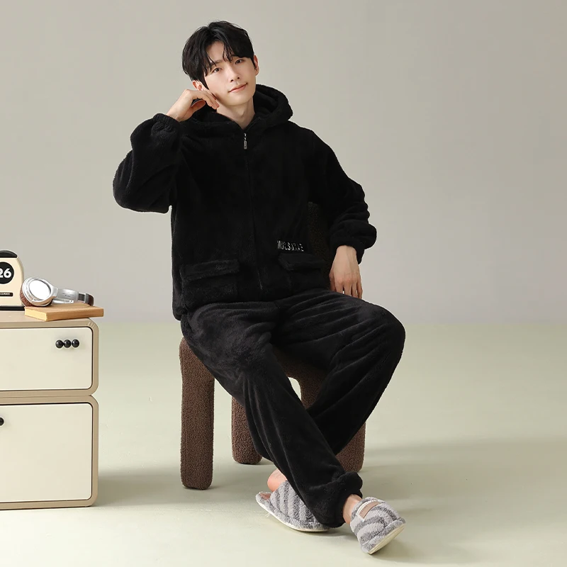 MiiOW Flannel Pajamas Men Autumn Winter Zipper Sleepwear Warm Winter Long Sleeve Loungwear Coral Velvet Home Outerwear Suits