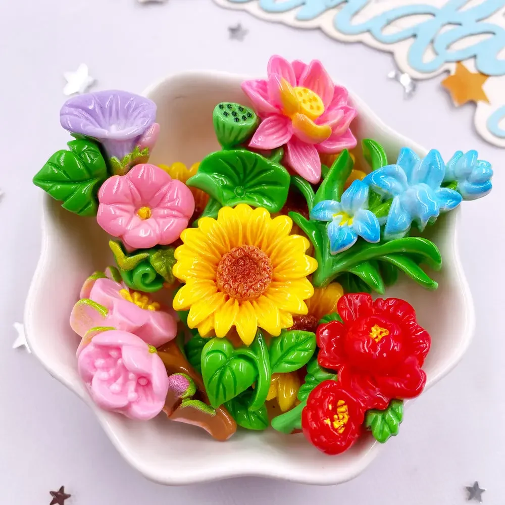 10PCS Resin Kawaii Colorful Painted Sunflower Lotus Morning Glory Flatback Flower Stone Figurines Scrapbook DIY Bow Decor Crafts