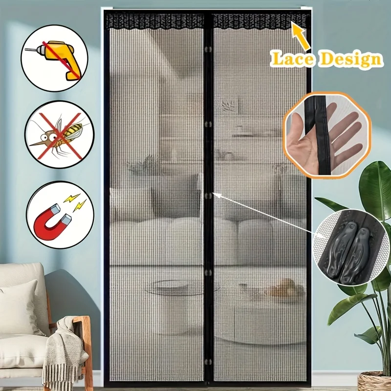 Black hands-free magnetic door curtain - summer mosquito proof breathable polyester fiber, self-adhesive, tool free installation