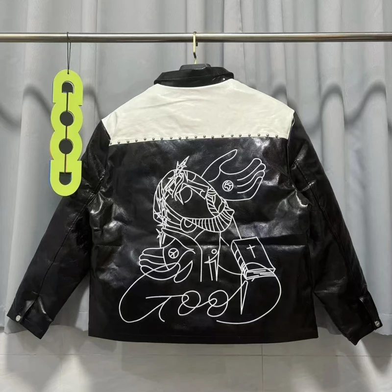 

Men Women Trend Goodbrand Jackets High Quality Embroidery Pattern Black White Color Matching Rivet Leather Coats Lapel Tops