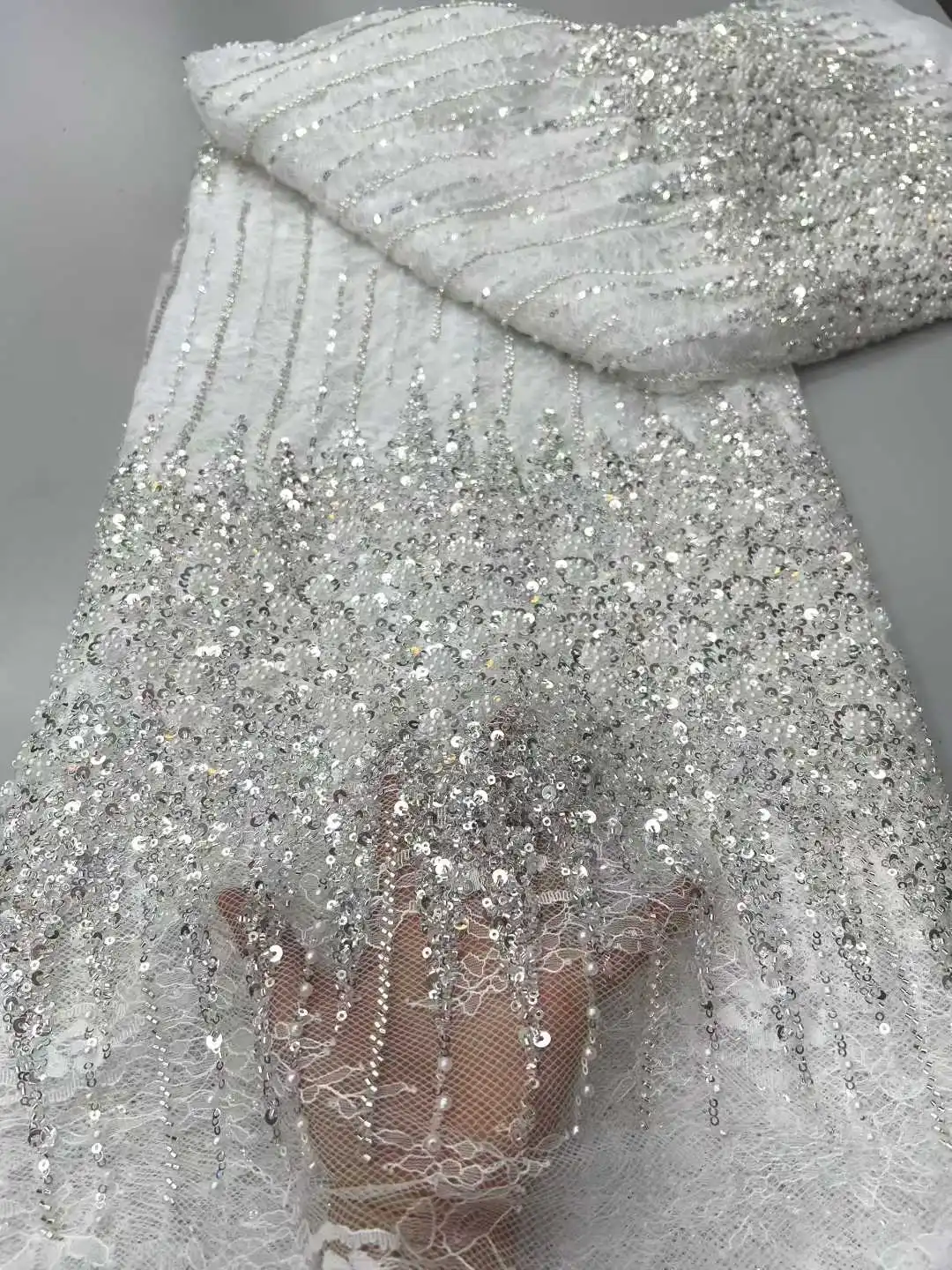 

White Nigerian Sequins Lace Fabrics 2025 High Quality African 5 Yards Beaded Mesh French Laces for Women Party Dresses Sewing