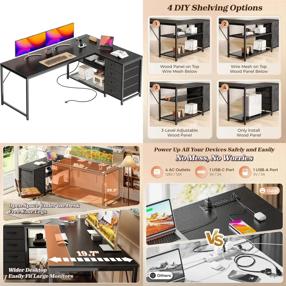 

L-Shaped Office Desk PRAISUN 61: Power Outlets, USB-C Port, Reversible Computer Corner, 4 Fabric Drawers, 2 Hutches
