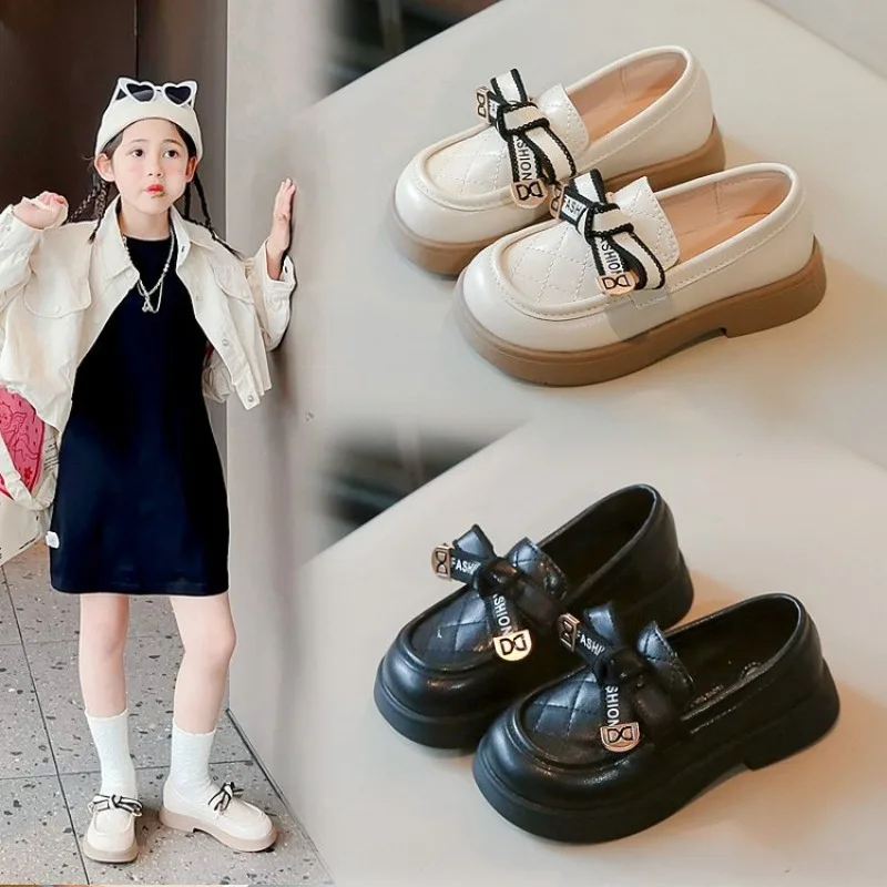 Girls' Leather Shoes 2024 Spring and Autumn New Little Girl Fashion Bow Princess Shoes Baby Soft Sole Anti slip Casual Shoes